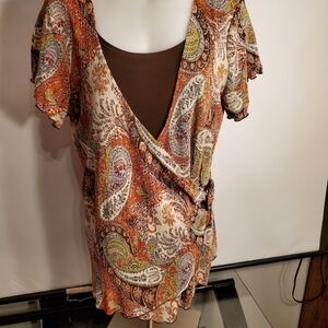 Elegant Paisley Wrap Blouse - Orange and Cream